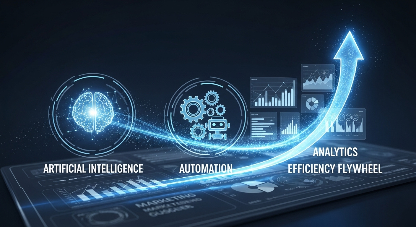 A futuristic and synergistic visualization of Artificial Intelligence (represented by a glowing neural network or brain icon), Automation (depicted by interconnected gears, robots, or automated processes), and Analytics (symbolized by dynamic data streams, charts, and graphs). These elements converge to form a radiant 'Efficiency Flywheel' or a streamlined arrow pointing upwards, against a sleek, modern marketing dashboard background. Professional, high-tech, and vibrant digital art style.