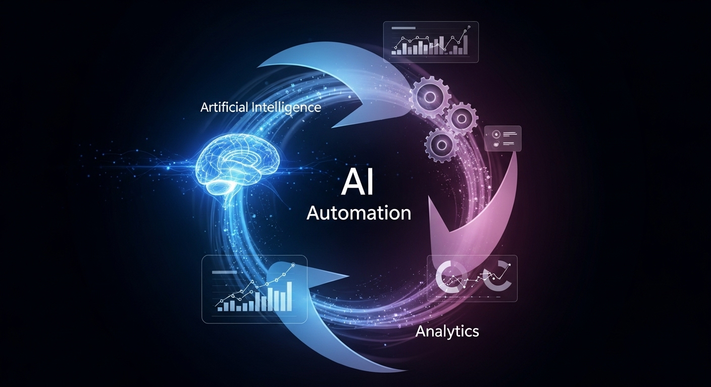 A dynamic and interconnected visualization of a marketing 'Efficiency Flywheel'. Represent Artificial Intelligence as a sleek, glowing brain or neural network, Automation as a series of fluid, interconnected gears or automated processes, and Analytics as flowing data streams and insightful charts. These three elements should be arranged in a continuous, circular motion, suggesting a self-reinforcing loop that drives continuous optimization and growth. The style should be modern, professional, and evoke a sense of digital progress and synergy. Focus on the cyclical flow and mutual enhancement of the elements.