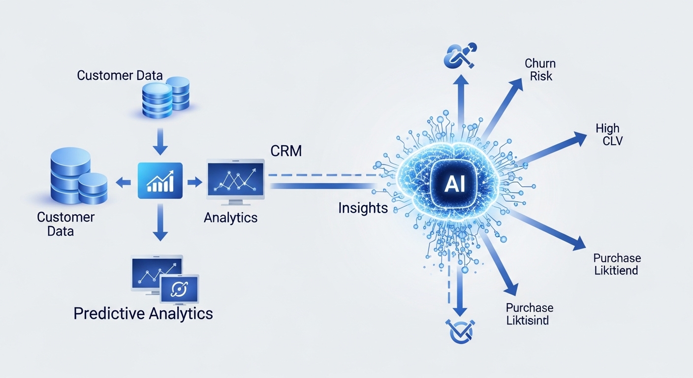 AI & Marketing Automation: The Intelligence Revolution 2 A conceptual illustration of predictive analytics in modern marketing. Visualize a flow of diverse data streams (customer data, CRM, website analytics) aggregating into a central, glowing AI brain or neural network. From this AI, insights radiate outwards as predictive forecasts (e.g., arrows pointing to 'churn risk', 'high CLV', 'purchase likelihood'). Emphasize the transformation from raw data to actionable predictions, with a futuristic, clean design.