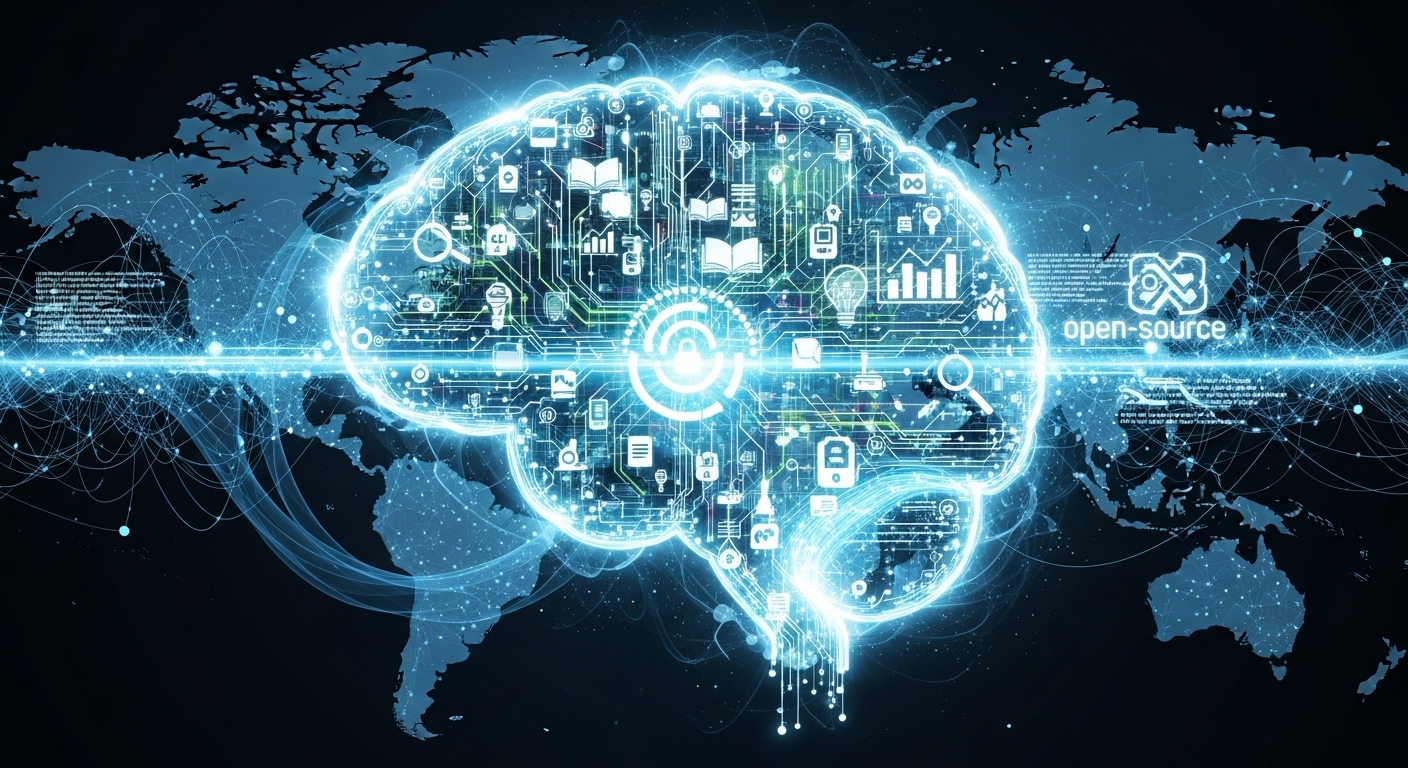 An abstract illustration of a powerful open-source AI agent represented as a nexus of interconnected data flows and symbols of knowledge, with glowing circuitry and a global map in the background, symbolizing its reach and competitive challenge to proprietary systems. Emphasize open-source and an AI powerhouse theme.