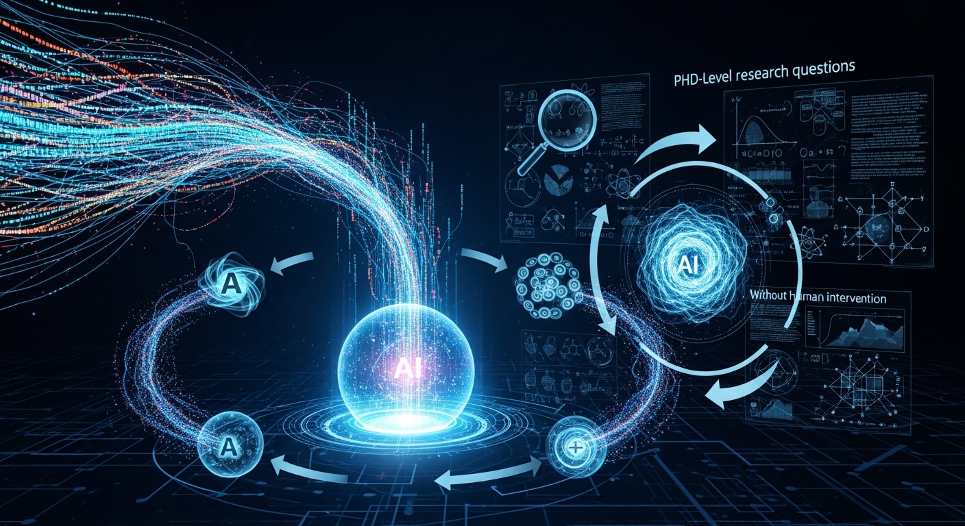 A vibrant, futuristic visual metaphor for an automated data generation pipeline or a "data flywheel." Show complex data streams autonomously flowing into an advanced AI training system, with symbols of research, algorithms, and a continuous feedback loop, representing the creation of "PhD-level research questions without human intervention." Emphasize self-improving and automation.