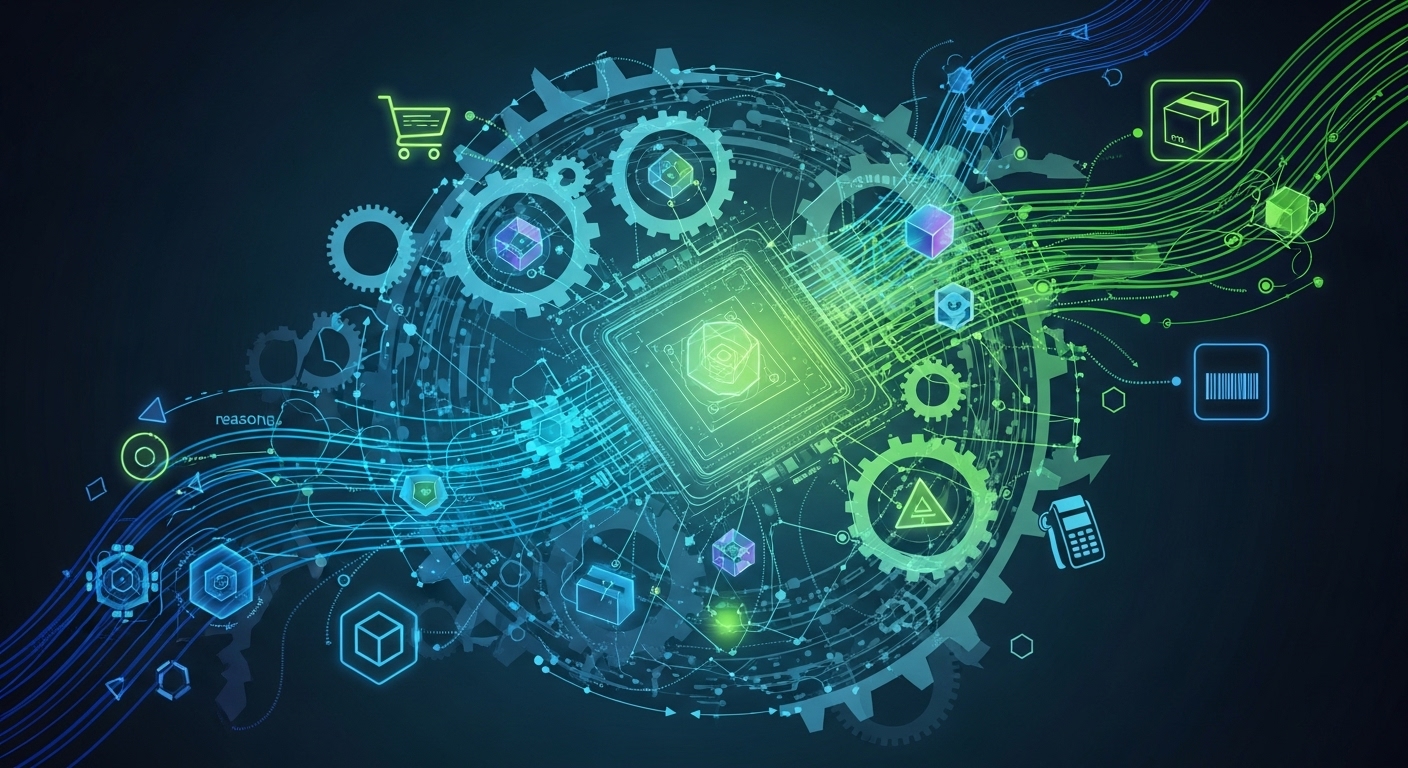 An abstract illustration depicting agentic AI in e-commerce. Show interconnected gears or a neural network diagram, with smaller intelligent agents collaborating and making proactive decisions. Incorporate elements symbolizing data flow, reasoning, planning, and execution within an e-commerce context, such as a shopping cart icon or a product box. Dynamic, modern, digital art style.