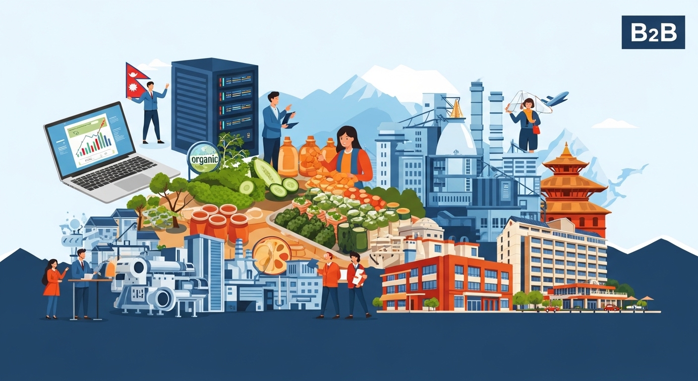 A vibrant and dynamic collage illustrating the diverse B2B landscape of Nepal, featuring elements representing key sectors like modern IT infrastructure (laptops, server racks), agro-processing (organic products, small factories), manufacturing (machinery, industrial buildings), and tourism (corporate travel, hotels). Integrate subtle Nepali cultural or geographical elements like the Himalayas or traditional architecture in the background, symbolizing national growth and global connectivity. The overall feel should be progressive and economically active, with people collaborating and technology being utilized.
