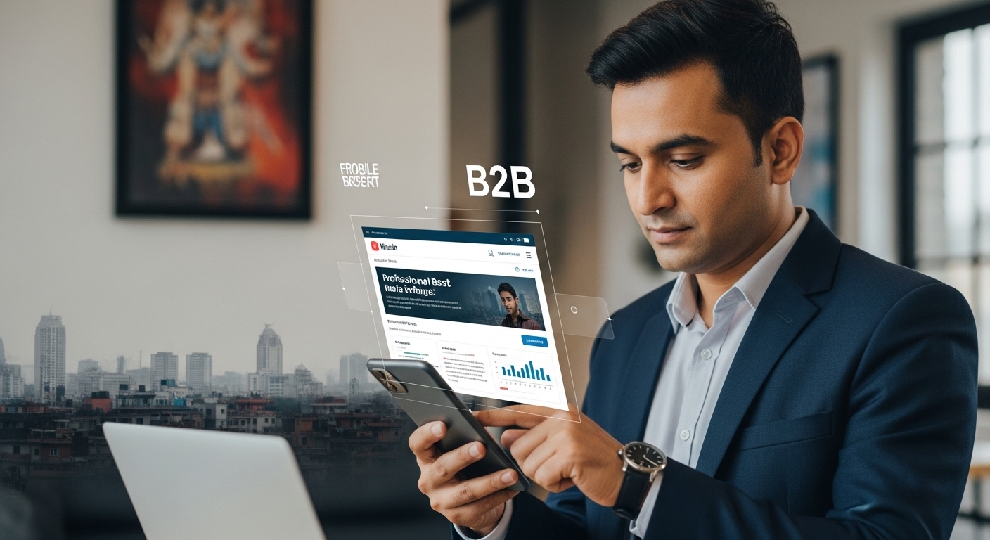 A professional Nepali business person, possibly in their 30s or 40s, intently using a smartphone or tablet in a modern office or co-working space setting. The screen should subtly display elements of a B2B website, a professional social media feed (like LinkedIn), or a data dashboard. The image should emphasize the 'mobile-first' nature of B2B decision-making and digital engagement in Nepal, with a clean, contemporary aesthetic. Include subtle visual cues like a Nepali art piece or skyline in the background to indicate location without being overwhelming.