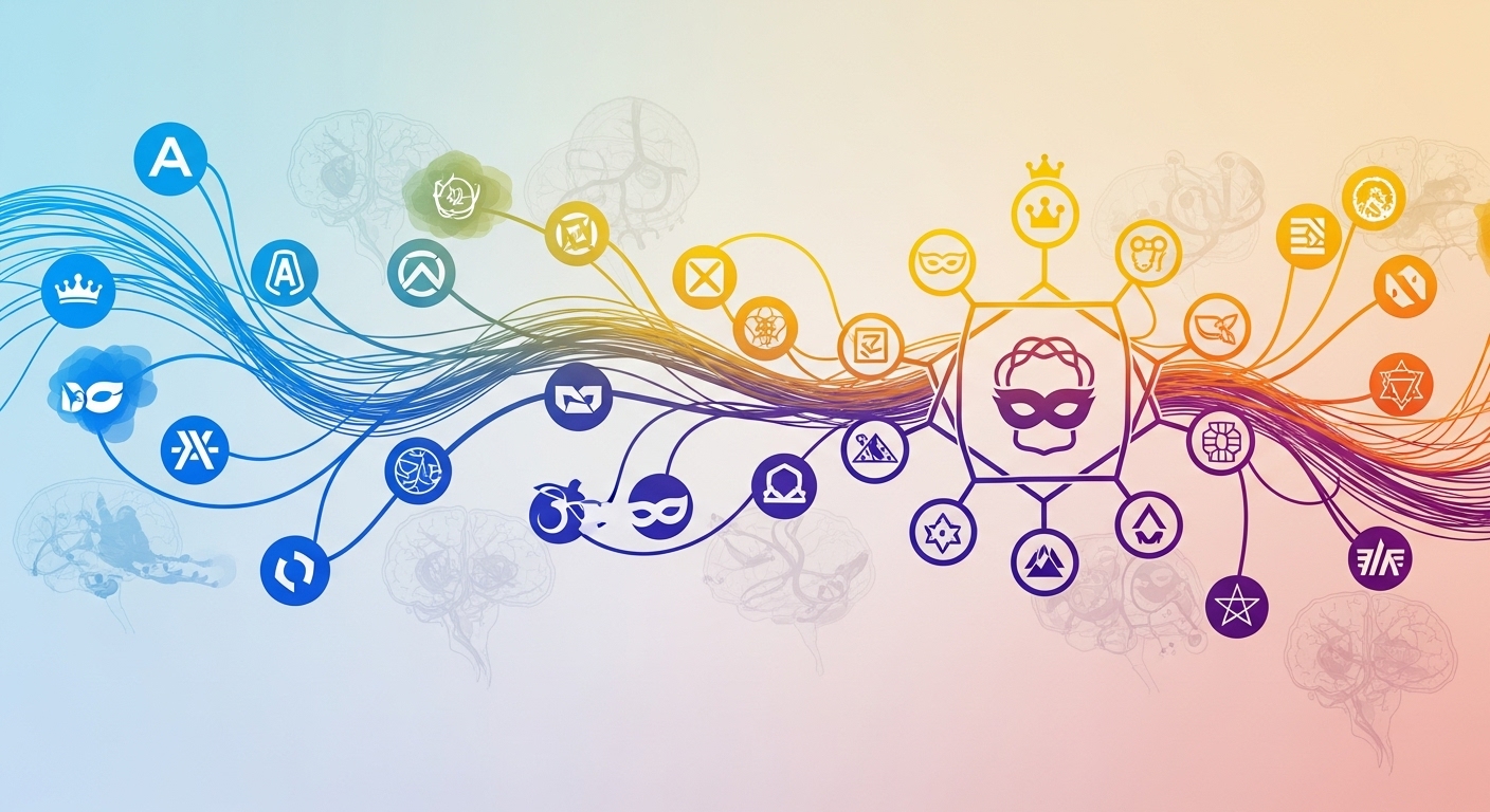 Brand Archetypes: Modern Communication Strategy Guide 1 An abstract, vibrant image depicting the connection between human psychology (represented by subtle brain patterns or thought bubbles) and brand logos/symbols, illustrating the concept of Jungian brand archetypes. A central stylized icon hinting at the 12 archetypes, surrounded by intertwining lines of communication and influence. Modern, clean aesthetic with a sense of depth and insight.