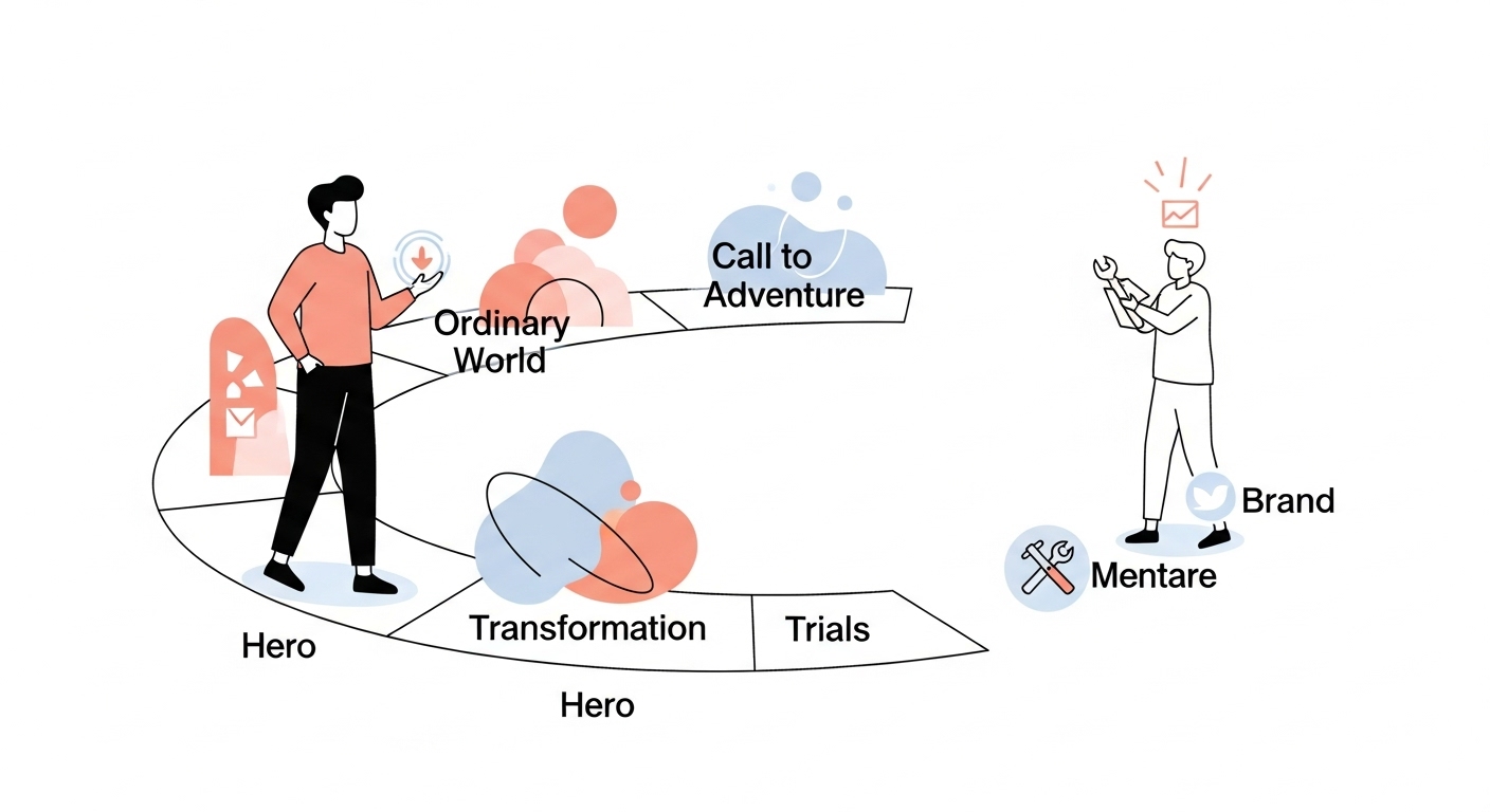 Brand Archetypes: Modern Communication Strategy Guide 2 A stylized, minimalist illustration depicting Joseph Campbell's Hero's Journey applied to customer experience. The central figure is a relatable, modern-day customer (the 'Hero') on an arc or circular path, passing through abstract representations of 'Ordinary World,' 'Call to Adventure,' 'Trials,' and 'Transformation.' Beside the path, a subtle, supportive figure or icon representing the 'Brand' acts as a 'Mentor' or 'Guide,' offering tools or guidance at key points. Emphasize the customer's journey and transformation, with the brand in a supportive, enabling role. Clean lines, soft colors, and a sense of progression and empowerment. Avoid overtly fantasy or mythical elements; keep it relevant to business/marketing.