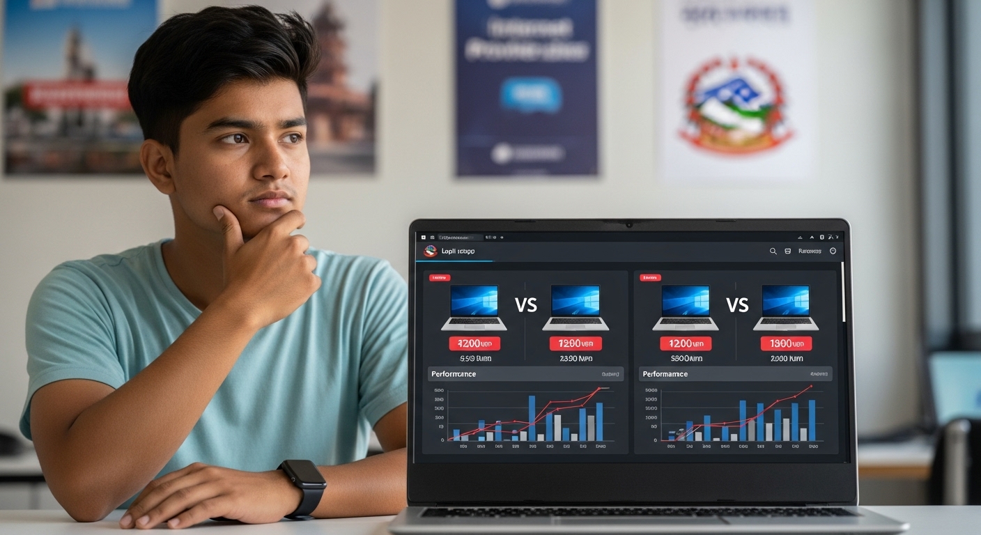 Best Budget Laptops for Nepali Students: Buyer's Guide 1 A thoughtful Nepali student standing in front of a modern laptop display, weighing options between different models and price points, representing the challenge of finding the right balance of performance and cost. The background should subtly hint at a university or tech store in Nepal.