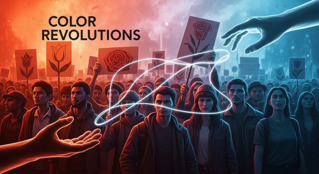 A vibrant, dynamic image capturing the essence of 'Color Revolutions.' Show a diverse crowd of people demonstrating, holding signs with symbolic colors (like orange, rose, or tulip motifs).
