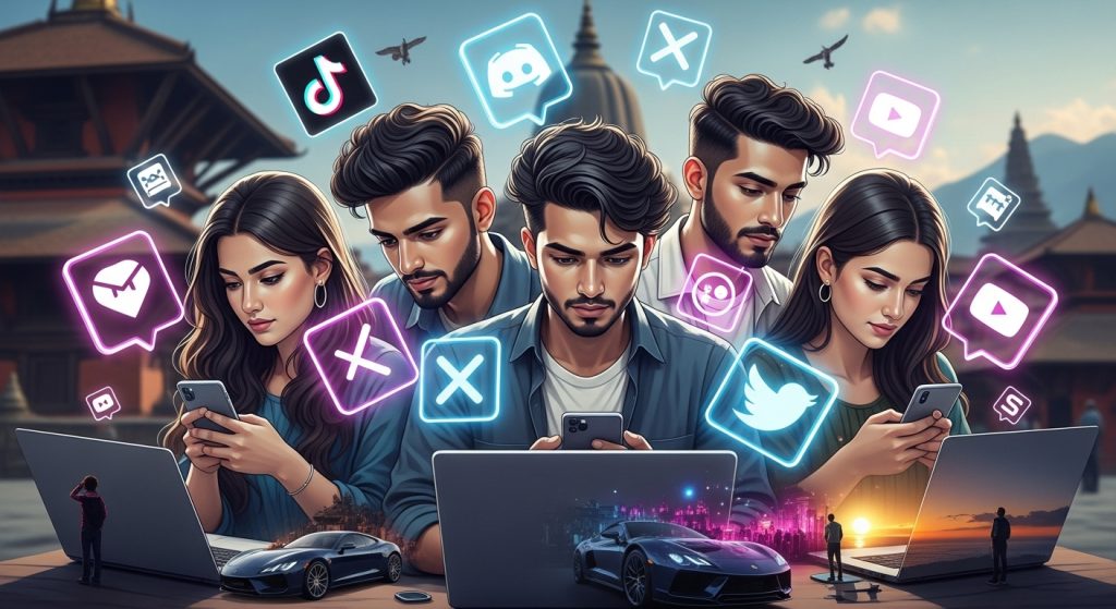 An image illustrating the 'Gen Z Revolution' in Nepal. Show young, diverse Nepali people using smartphones and laptops, actively engaging on social media platforms (represented by abstract glowing icons like TikTok, Discord, X, YouTube).