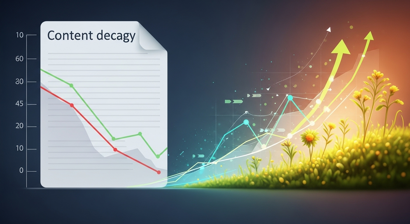 An abstract, vibrant image depicting a digital content lifecycle. On one side, a wilting, faded graph or document symbolizes 'content decay' with declining lines. On the other side, it transitions into a revitalized, flourishing graph or document, showing upward trends and fresh, bright colors, with subtle digital elements or arrows indicating strategic intervention and growth. Focus on growth, revival, strategy, and data visualization.