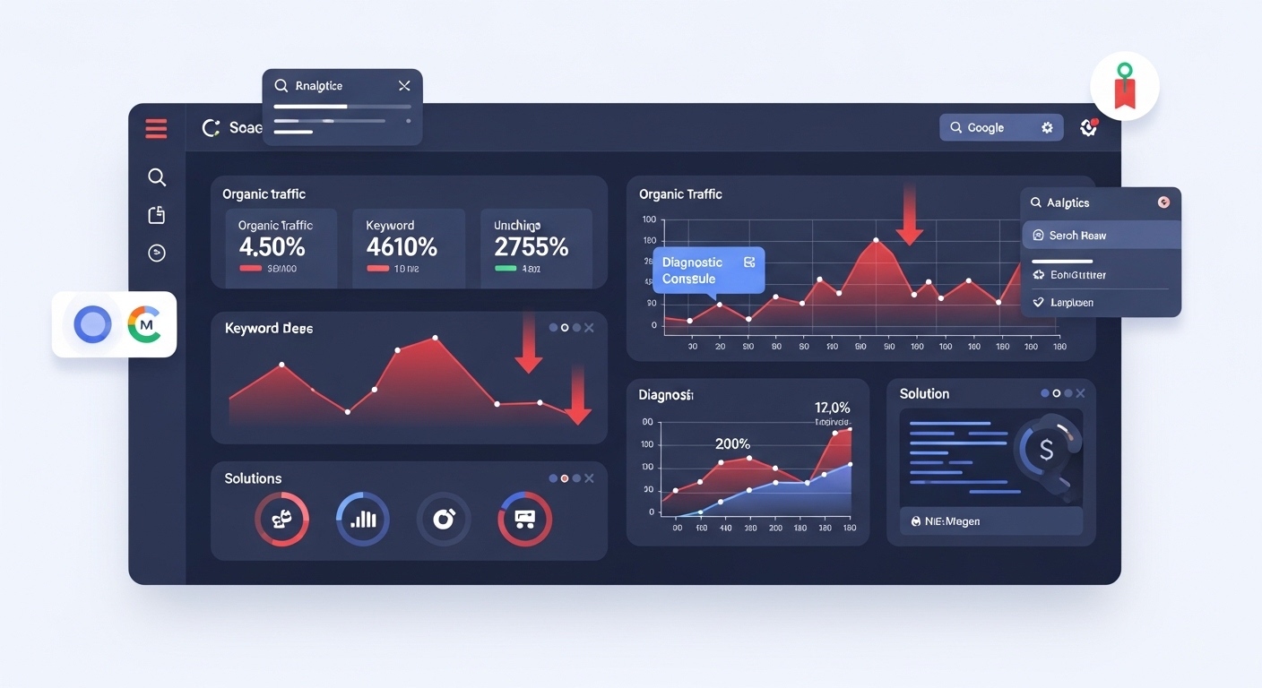 A futuristic data analytics dashboard displaying various charts and graphs, with key metrics like organic traffic, keyword rankings, and user engagement. The dashboard should highlight declining trends (e.g., red downward arrows, fading lines) alongside diagnostic tools and potential solutions, symbolizing the process of identifying and addressing content decay. Include subtle representations of Google Search Console and Google Analytics interfaces. Clean, modern, digital aesthetic.