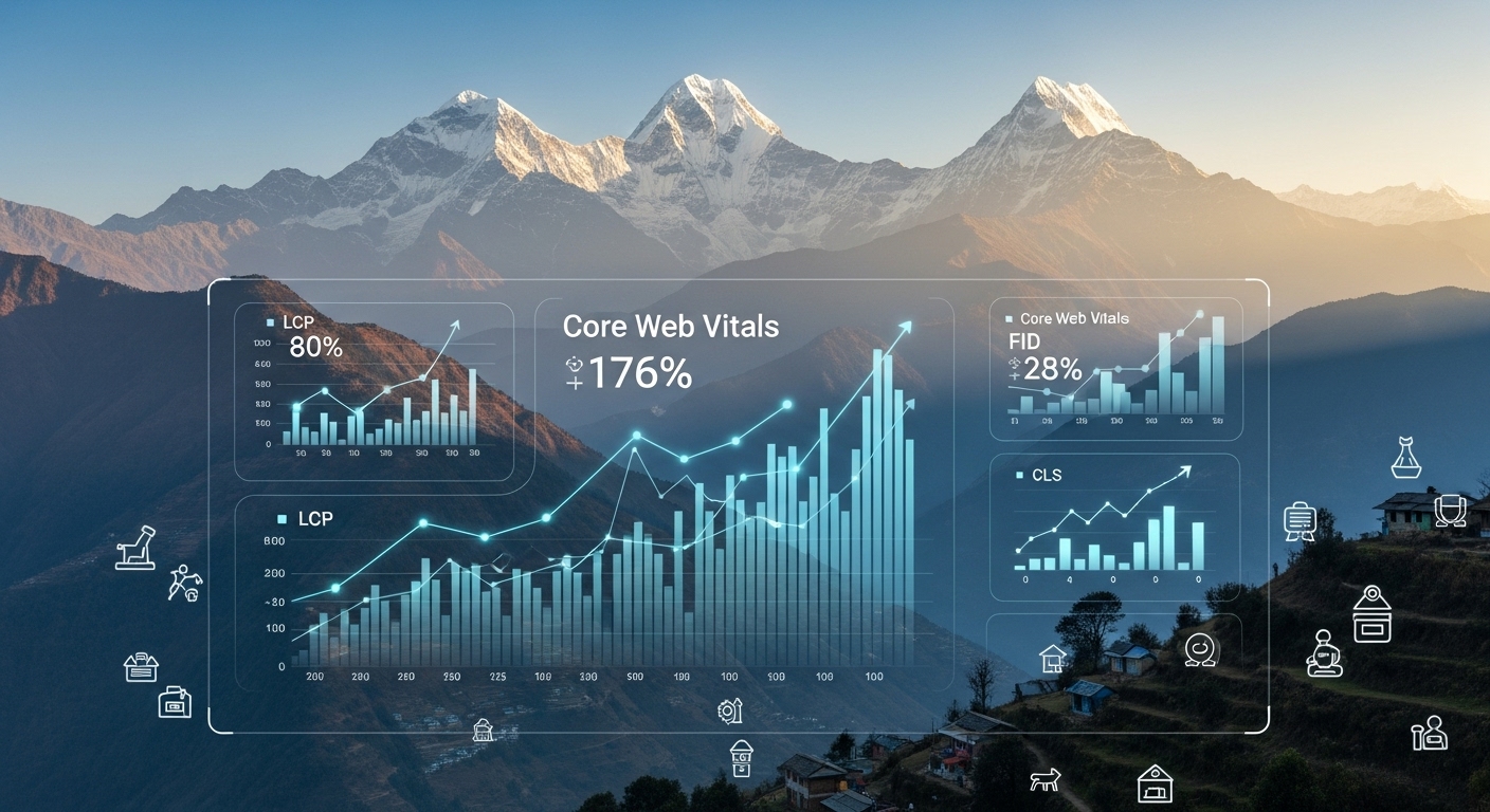 Core Web Vitals Nepal: SEO Success for Small Websites by 2026 1 Digital graphs and performance metrics representing Core Web Vitals, subtly integrated with a mountainous landscape of Nepal, reflecting growth and challenges for small businesses. Modern, clean design with a focus on technology and SEO.