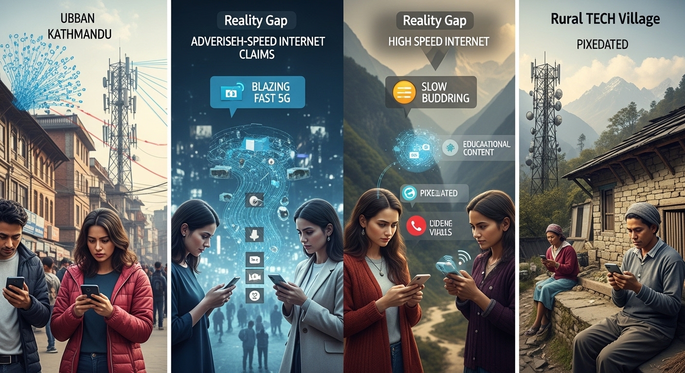 Core Web Vitals Nepal: SEO Success for Small Websites by 2026 2 A visual representation of digital connectivity challenges in Nepal. Show mobile users in both urban Kathmandu and a rural mountainous village experiencing slow internet. Incorporate subtle visual elements suggesting strained network infrastructure (e.g., cell towers with many connections, crowded digital pathways) and emphasize the 'reality gap' between advertised speeds and actual user experience. The overall mood should convey the struggle while still being modern and tech-focused. Use a vibrant, yet slightly frustrated color palette. Realistic style.