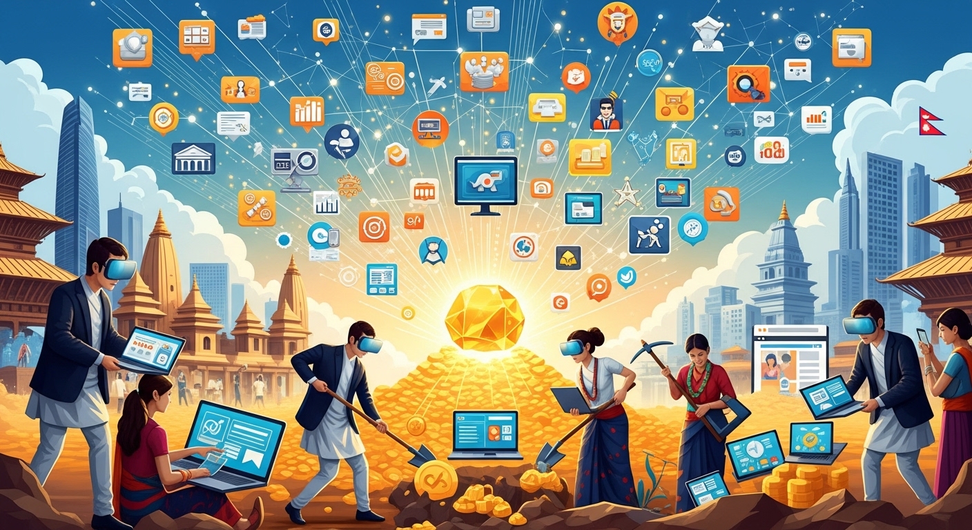 Digital marketing gold rush in Nepal, depicting a vibrant, rapidly expanding online market with many businesses and agencies, with elements of growth and new opportunities, dynamic and energetic.