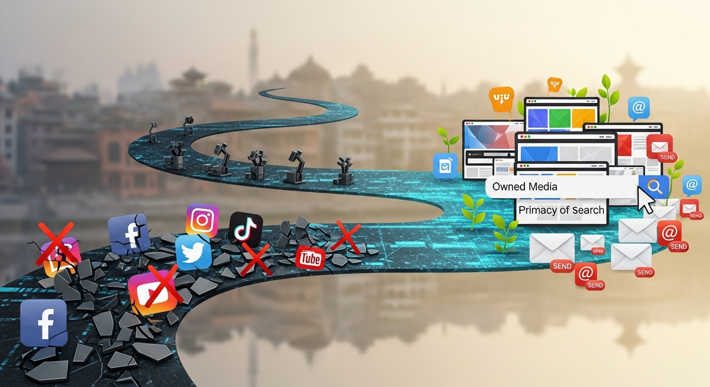 A visual representation of the shift in digital marketing in Nepal after a social media ban, showing a path from broken social media icons towards strong, growing websites, Google search bar, and email icons, symbolizing 'owned media' and 'primacy of search', clear and forward-looking.