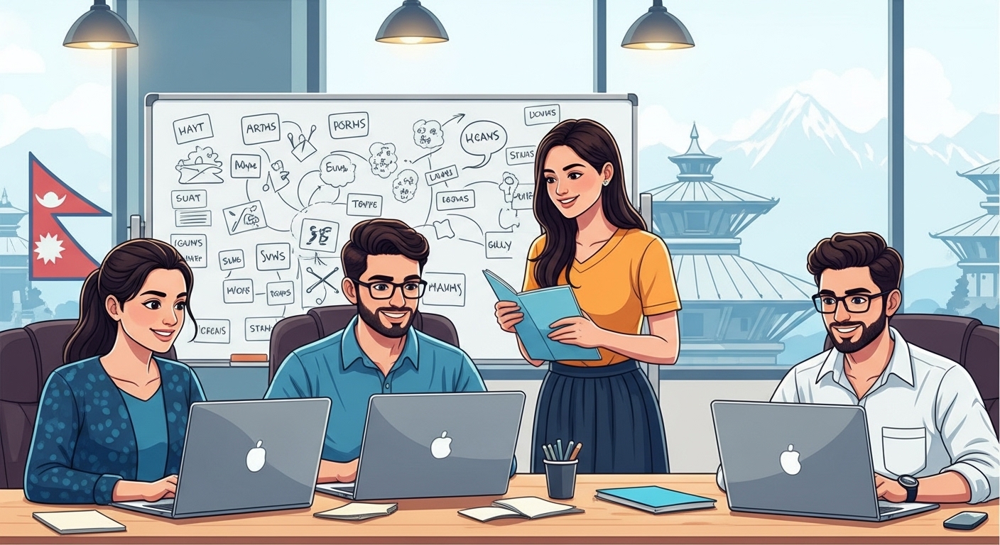 Vibrant image of a modern Nepali tech startup office or co-working space, with young entrepreneurs collaborating on laptops, a whiteboard full of ideas, and subtle elements of traditional Nepali architecture or the Himalayas in the background, symbolizing the blend of tradition and modernity in a growing tech hub. The mood is hopeful and innovative, but with a hint of resilience.