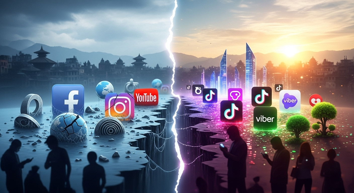 Conceptual image depicting a 'digital landscape shift' in Nepal. One side shows broken or faded icons of globally recognized social media platforms (Facebook, Instagram, YouTube) and the other side brightly highlights operational platforms like TikTok and Viber. The image conveys disruption but also adaptation and new opportunities, with a subtle backdrop of Nepali digital users or urban scenes.