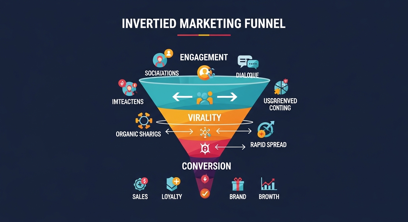 A conceptual infographic illustrating an 'inverted marketing funnel'. The funnel should start wide at the top, labeled 'Engagement' with icons representing social media interactions, user-generated content, and dialogue. It should narrow slightly to 'Virality' with arrows and symbols indicating organic sharing and rapid spread. At the bottom, a smaller but impactful section labeled 'Conversion' with icons for sales, loyalty, and brand growth. The overall design should be modern, clean, and dynamic, using a vibrant color palette to convey energy and success.