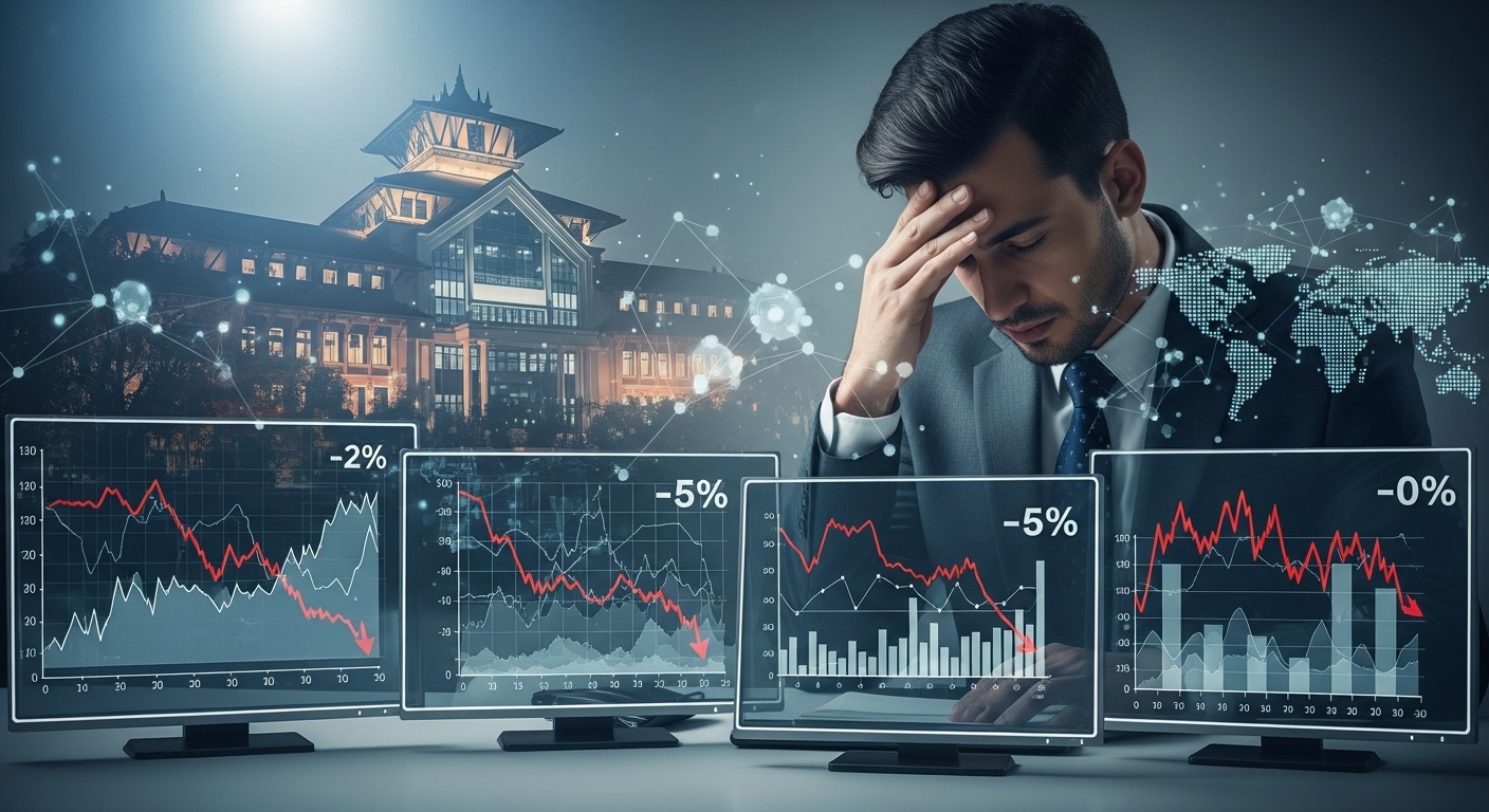 A visual metaphor for the challenges faced by Nepal's banking sector, showing graphs pointing downwards, a stressed business person, and a subtle overlay of digital elements or a modern Nepali bank building, conveying economic headwinds and the urgent need for digital strategy. Corporate, slightly dramatic, with a clear focus on finance and technology.