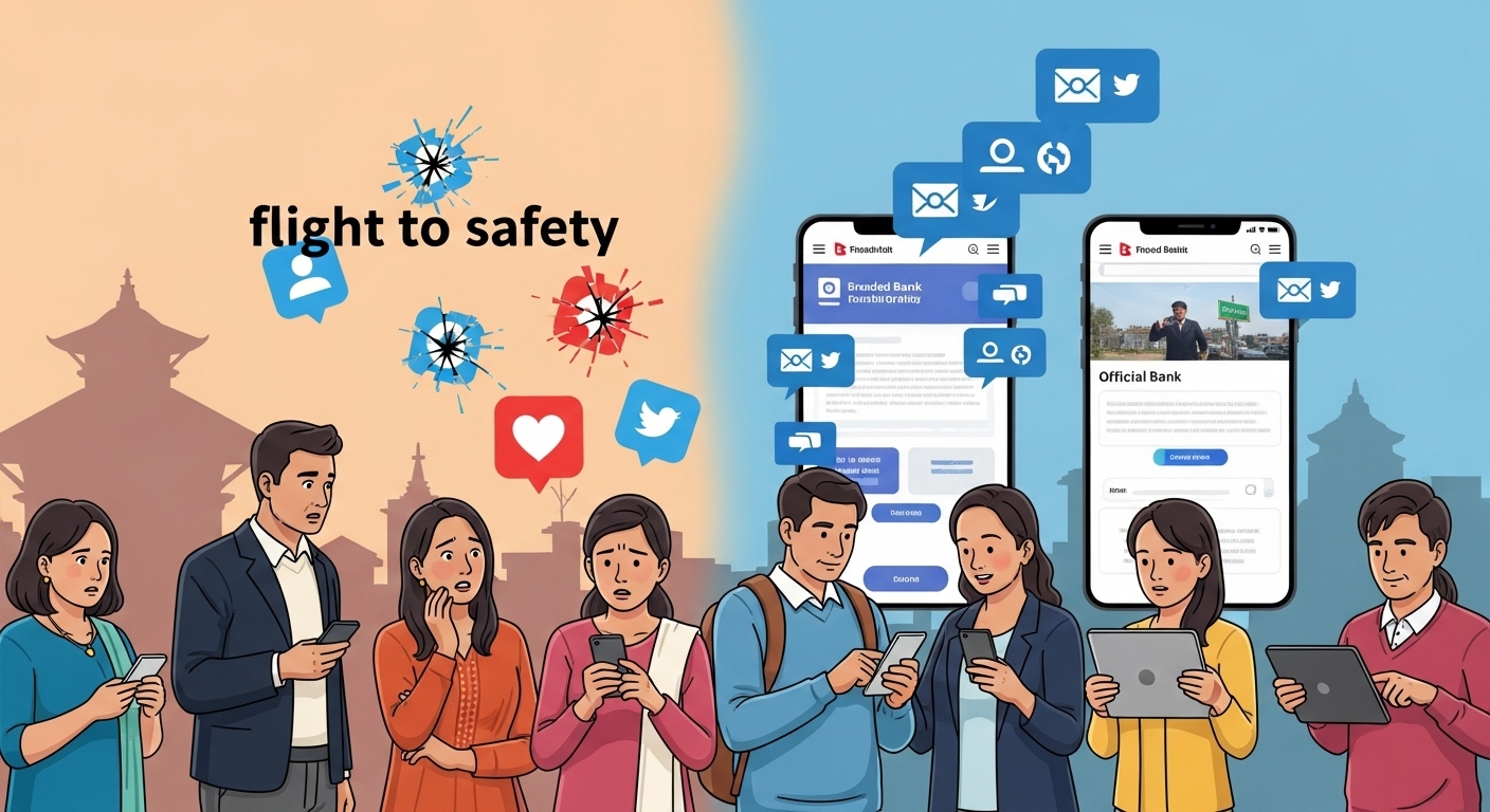 A scene depicting the 'flight to safety' in Nepal's digital financial landscape. Show a diverse group of Nepali consumers, some looking uncertainly at broken social media icons, while others confidently interact with secure, branded mobile banking apps and official bank websites. Emphasize trust and security, with a modern, clean digital interface focus and a subtle hint of Nepali urban background.