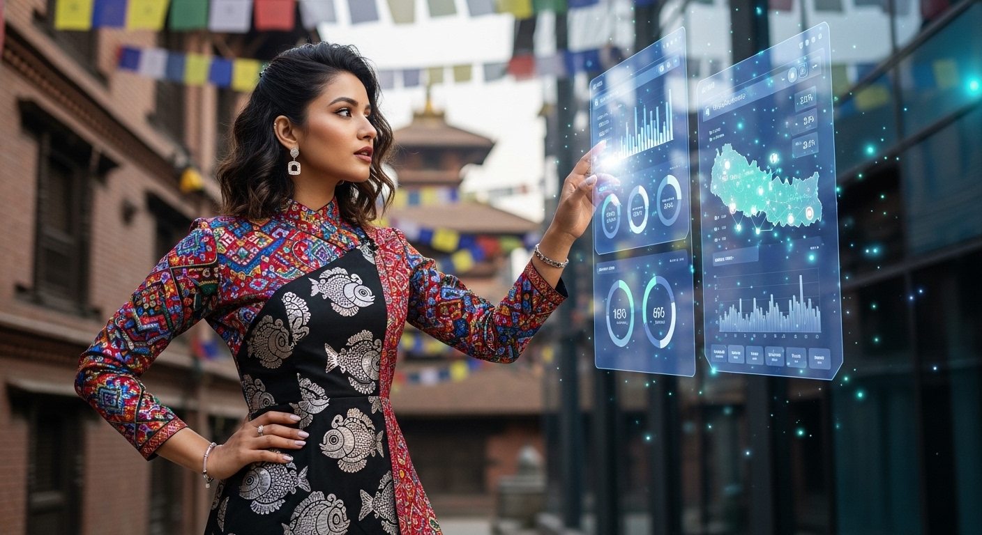A stylish Nepali model, dressed in a modern outfit fused with traditional Nepali motifs (like Dhaka fabric or Mithila art patterns), interacts with a futuristic, holographic digital marketing dashboard. The background subtly features elements of a vibrant Nepali cityscape and traditional architecture, symbolizing the blend of old and new in the fashion industry. High-tech, culturally rich, aspirational.