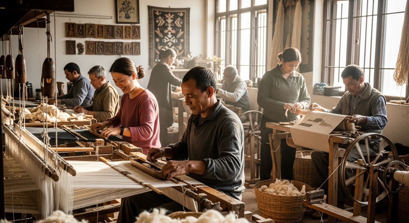 A serene scene depicting Nepali artisans skillfully working with sustainable, traditional fabrics (like allo or hemp) in a bright, ethically-minded workshop. Focus on natural light, genuine craftsmanship, and the beauty of local, sustainable materials, conveying a sense of community and fair labor practices. Subtle elements of traditional Nepali artistry in the background.