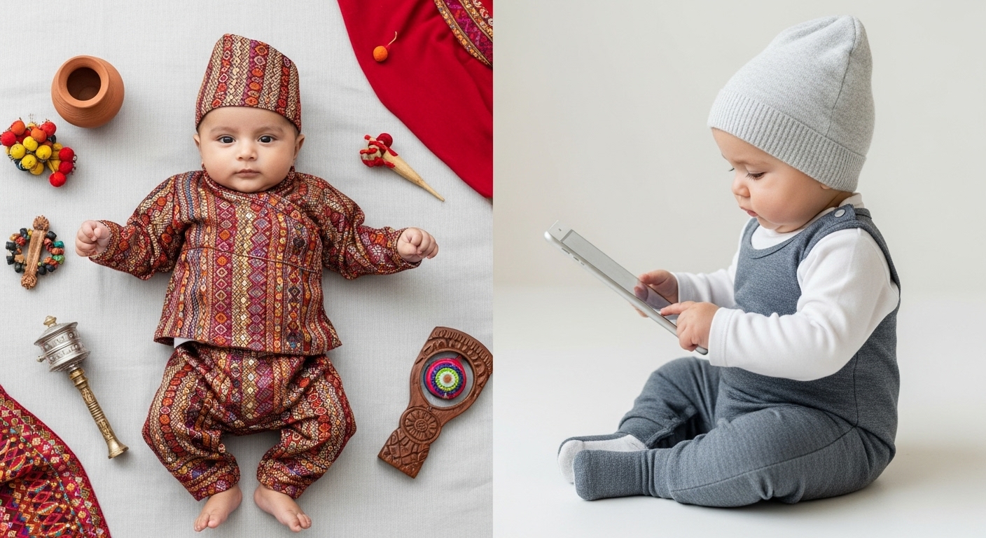 A split image depicting the duality of the Nepali maternity and baby apparel market. On one side, a baby wearing a traditional, handwoven Nepali 'Bhoto set' made of soft Dhaka fabric, with traditional Nepali patterns, surrounded by elements of heritage and cultural significance. On the other side, a baby wearing a modern, stylish romper or fashionable baby outfit, possibly looking at a tablet or smartphone, representing global trends and e-commerce. Both sides should subtly convey quality and comfort, emphasizing natural fabrics.