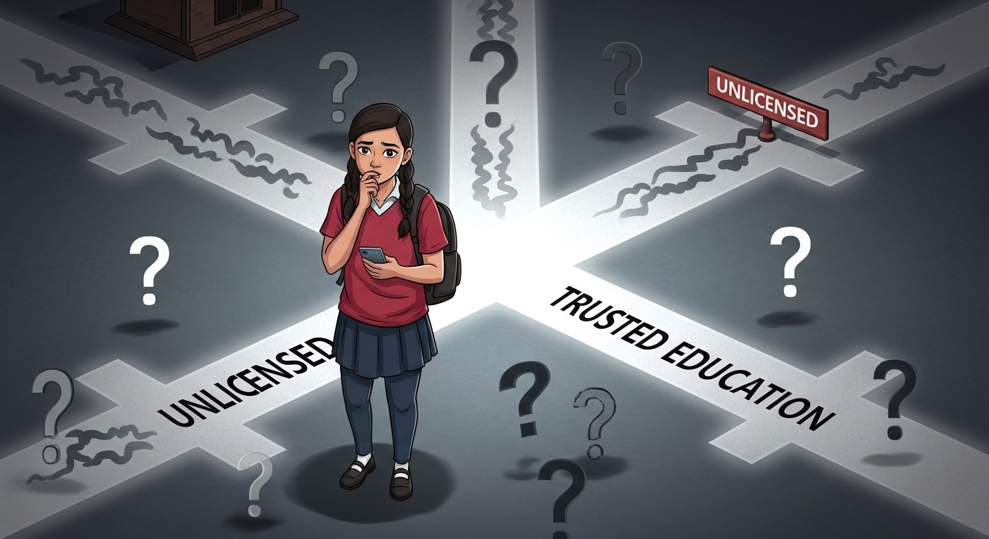 A Nepali student, looking thoughtful and slightly overwhelmed, stands at a complex crossroads. One path is bright and clear, labeled 'Trusted Education,' while other paths are murky, indistinct, and labeled with question marks or 'Unlicensed.' The student holds a smartphone, trying to find clarity amidst the confusion, representing the 'trust deficit' in the abroad study consultancy market. The setting should evoke Nepal with subtle cultural elements. Digital art, focus on clarity and contrast.