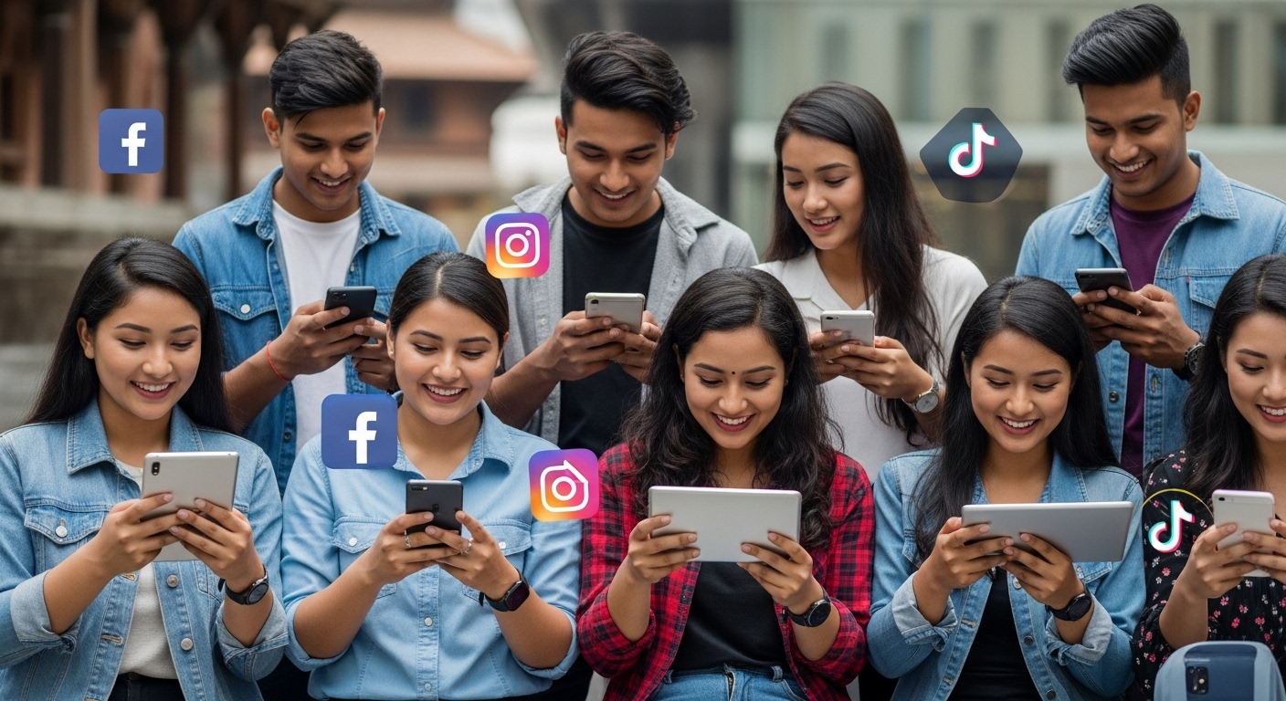 A vibrant and diverse group of young Nepali students, aged 18-24, are shown actively engaged with their smartphones and tablets in a modern, dynamic setting. They are browsing social media (Facebook, Instagram, TikTok icons subtly visible), watching educational videos, and chatting. The scene should convey high internet and mobile penetration, a 'youth bulge,' and a digital-first lifestyle, with subtle nods to Nepali culture or architecture in the background. Bright, engaging, and dynamic composition.