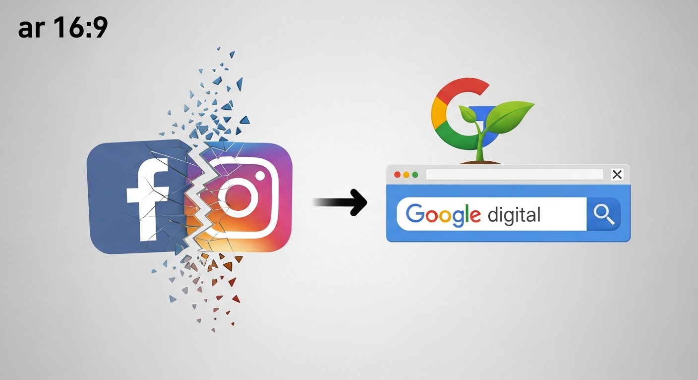 A conceptual image illustrating a 'digital disruption' or 'paradigm shift' in the context of Nepal's online marketing. Show a fractured or fading social media icon (e.g., Facebook, Instagram logos subtly broken) on one side, and on the other, a strong, vibrant, growing website icon or Google search bar, symbolizing the shift from rented social media platforms to owned digital assets. The overall mood should be dynamic, conveying a clear transition and new direction. --ar 16:9 --style raw