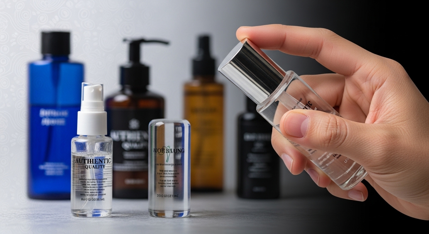 A visually compelling metaphor for trust and challenges in the beauty market. Perhaps a hand carefully examining a genuine beauty product, with blurred, potentially fake or low-quality products in the background, hinting at confusion and risk. Incorporate elements that suggest the Nepalese context, maybe subtle patterns or color palettes. The overall theme should be about distinguishing authentic quality from unregulated or counterfeit items, emphasizing the importance of trust.