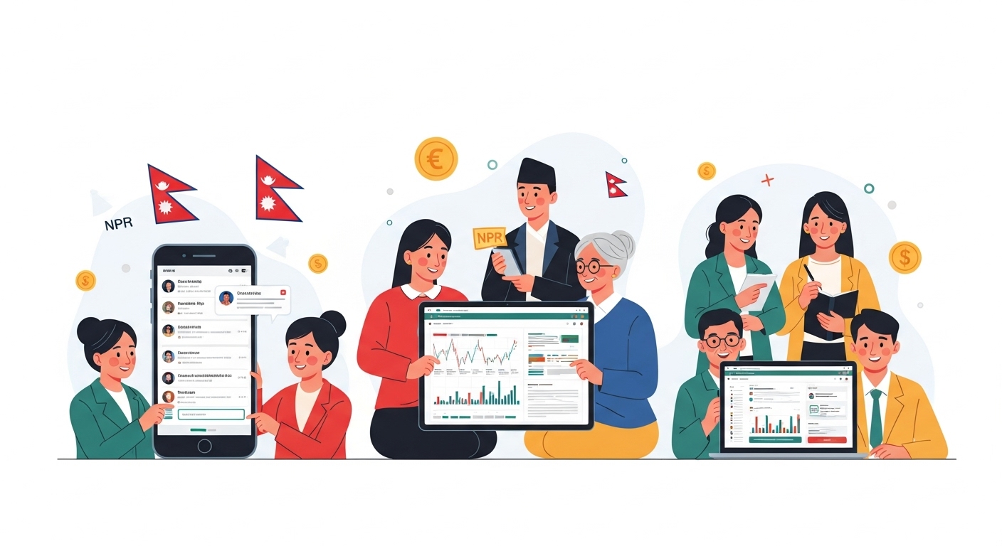 A vibrant and inclusive image showcasing the strategic digital marketing opportunities for Nepalese brokerage firms. It should feature a diverse group of Nepali individuals (young and old, male and female, representing various personas like 'Prabesh', 'Sunita', and 'Gyanendra') interacting with financial information on different digital platforms: a smartphone with a social media feed displaying financial tips, a tablet showing a detailed market analysis report, and a laptop with an online educational webinar. The scene should evoke trust, education, and engagement, with elements like a subtle 'NPR' currency symbol or Nepalese flag colors incorporated. The overall message is about empowering investors through accessible, reliable digital content and community.
