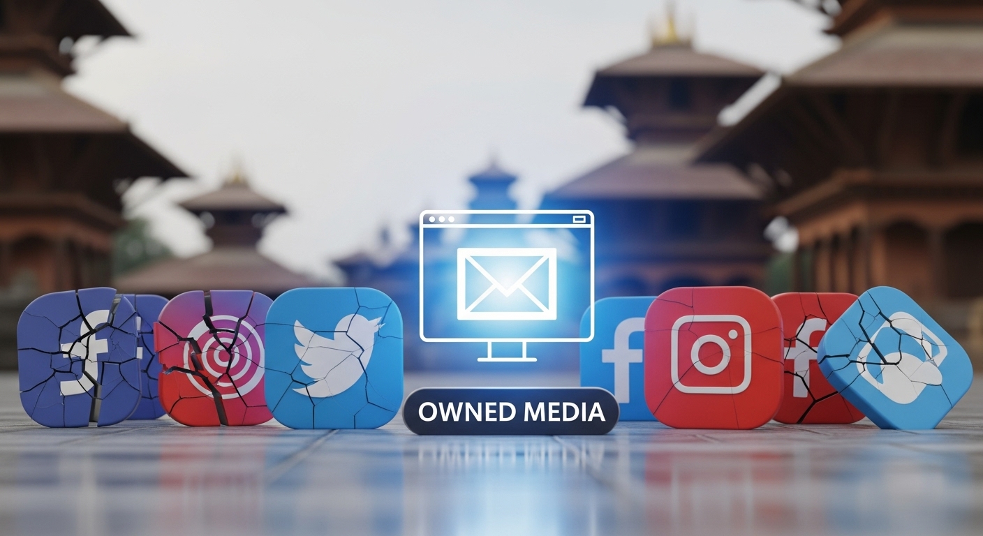 A visual metaphor for Nepal's digital marketing landscape after a major social media ban. Show a contrast: broken or faded icons of popular global social media platforms, with a bright, strong, and central icon representing a professional website, perhaps with subtle Nepalese architectural elements in the background, signifying local resilience and new digital foundations. Emphasize the shift to 'owned media'.