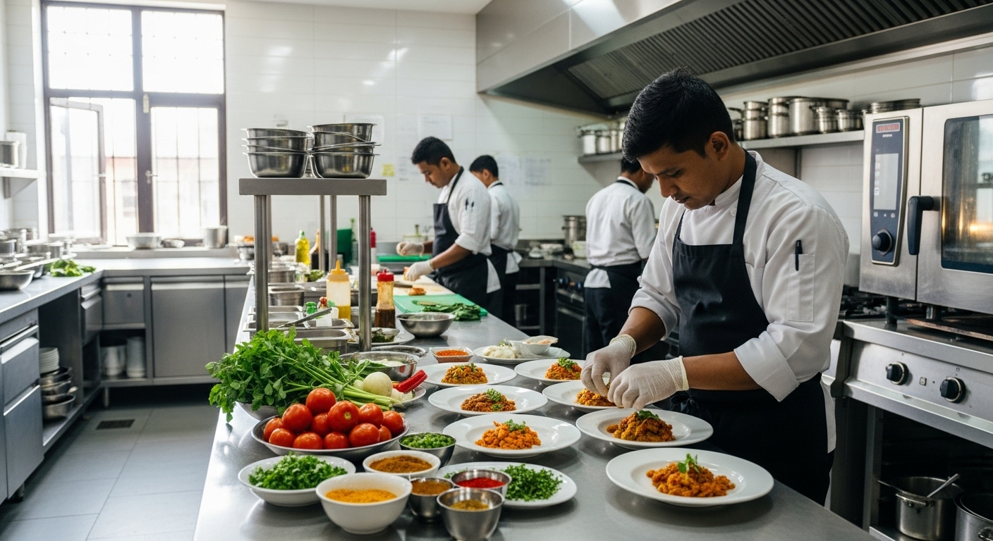 A clean, modern, and professional commercial kitchen in Kathmandu, Nepal, with a Nepalese chef meticulously preparing authentic, vibrant Nepalese dishes. The scene should emphasize hygiene, fresh, locally-sourced ingredients, and the professional appearance of the kitchen staff. Natural light, a sense of quality and care in food preparation.