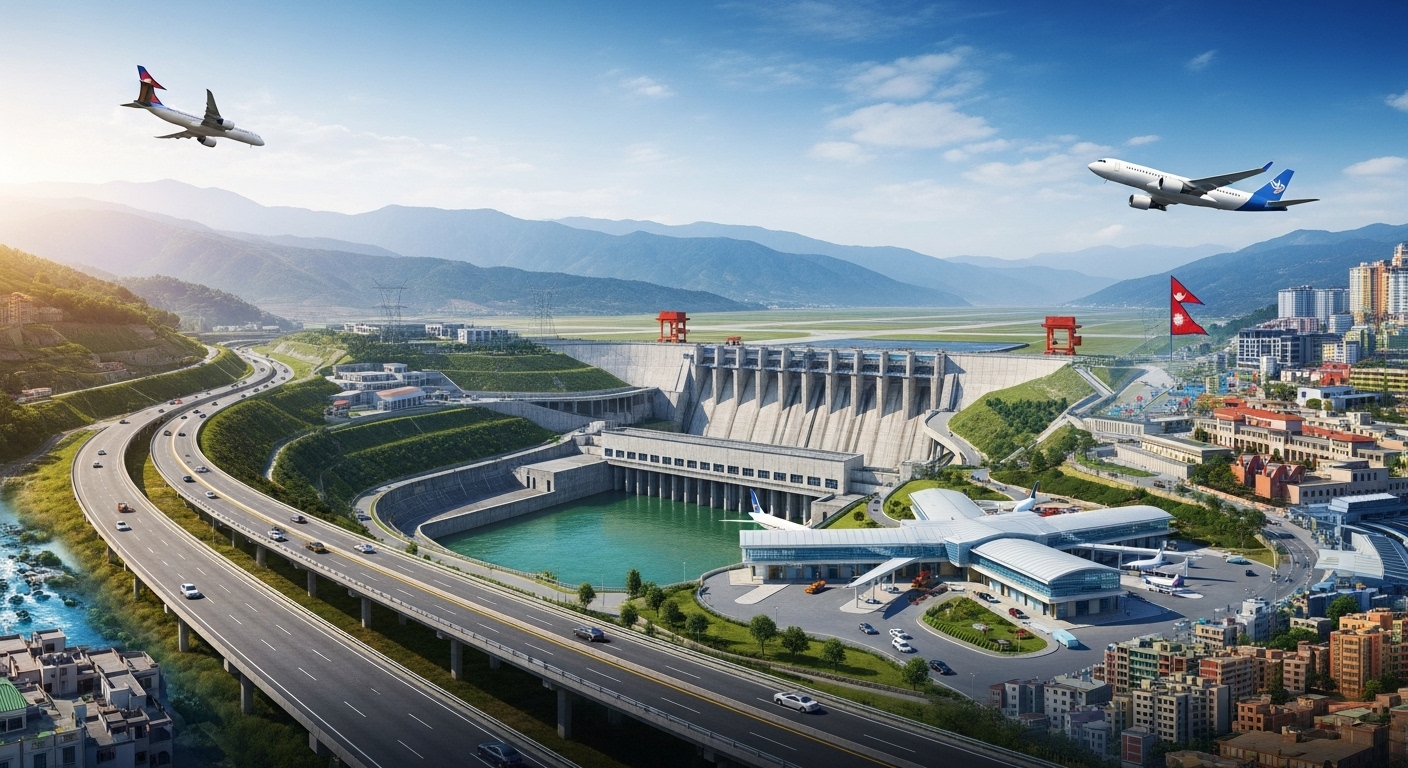A vibrant, panoramic view of Nepal's ongoing and future infrastructure development: a modern highway winding through the Himalayan foothills, a large-scale hydropower dam with towering structures, a sleek international airport with planes, and elements of a 'smart city' in a dynamic urban setting. The scene should convey progress, ambition, and national growth. High-resolution, realistic, wide-angle shot with a positive, forward-looking tone.