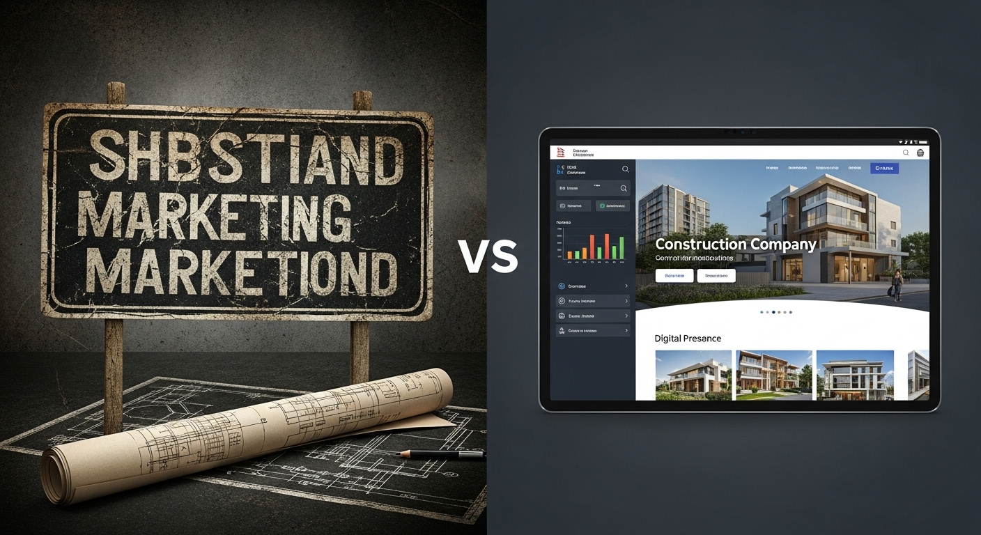 A striking visual metaphor illustrating the 'digital gap' in Nepal's construction industry. On one side, a dark, dusty, old-fashioned blueprint or a faded physical signboard representing traditional, outdated marketing. On the other side, a bright, modern digital dashboard or a sleek tablet displaying a vibrant, well-designed construction company website with analytics and project showcases, representing a cutting-edge digital presence. A clear contrast between old and new, showing the opportunity for digital transformation. Focus on a clear, clean design, conveying professionalism.