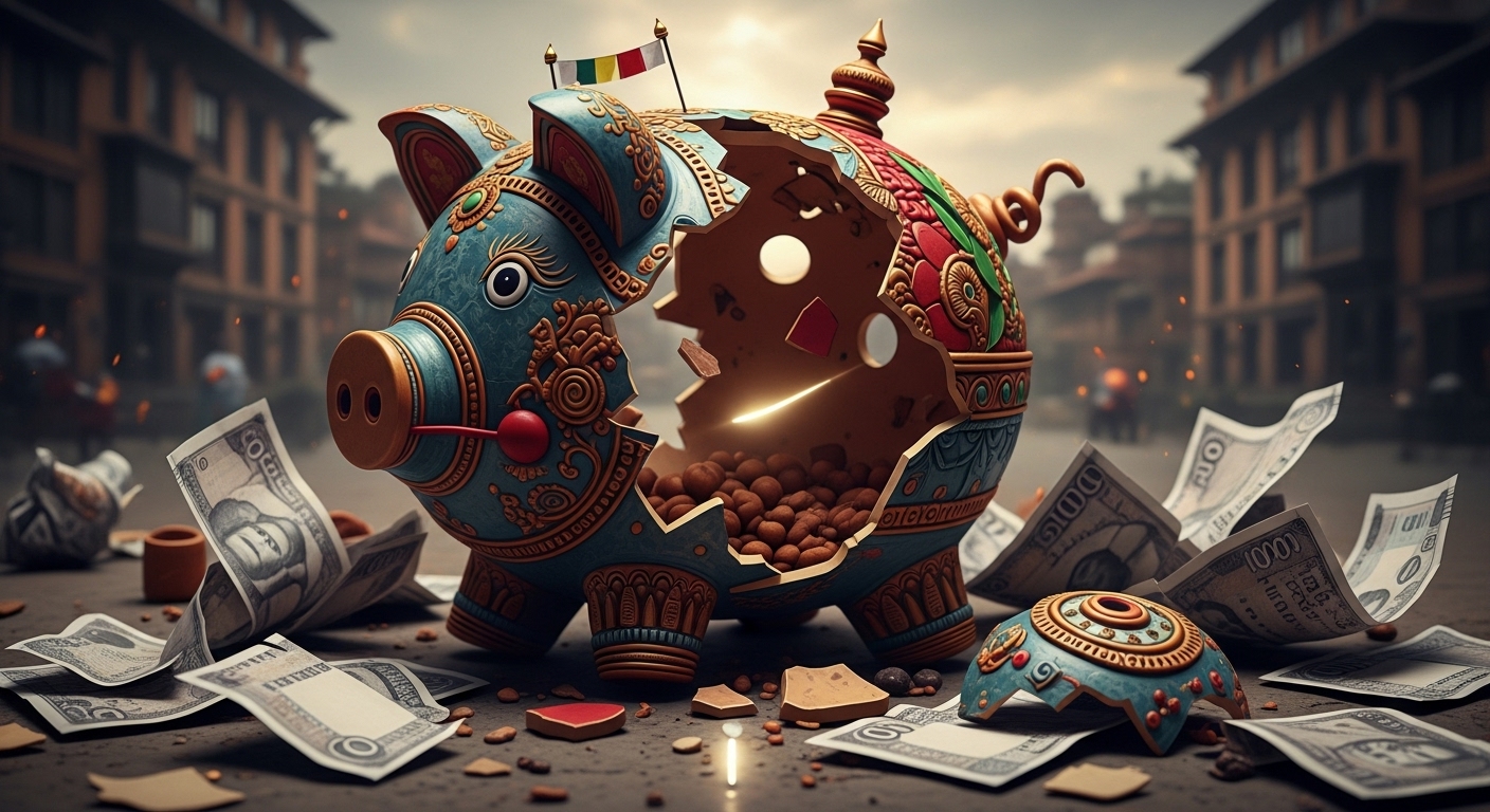 A powerful visual metaphor for a financial crisis, depicting a broken or shattered piggy bank made of traditional Nepalese elements, surrounded by scattered Nepalese currency. The background should subtly hint at cooperative buildings or a bustling financial district in Nepal, conveying a sense of instability and lost trust. The mood should be somber but with a hint of urgency for repair.