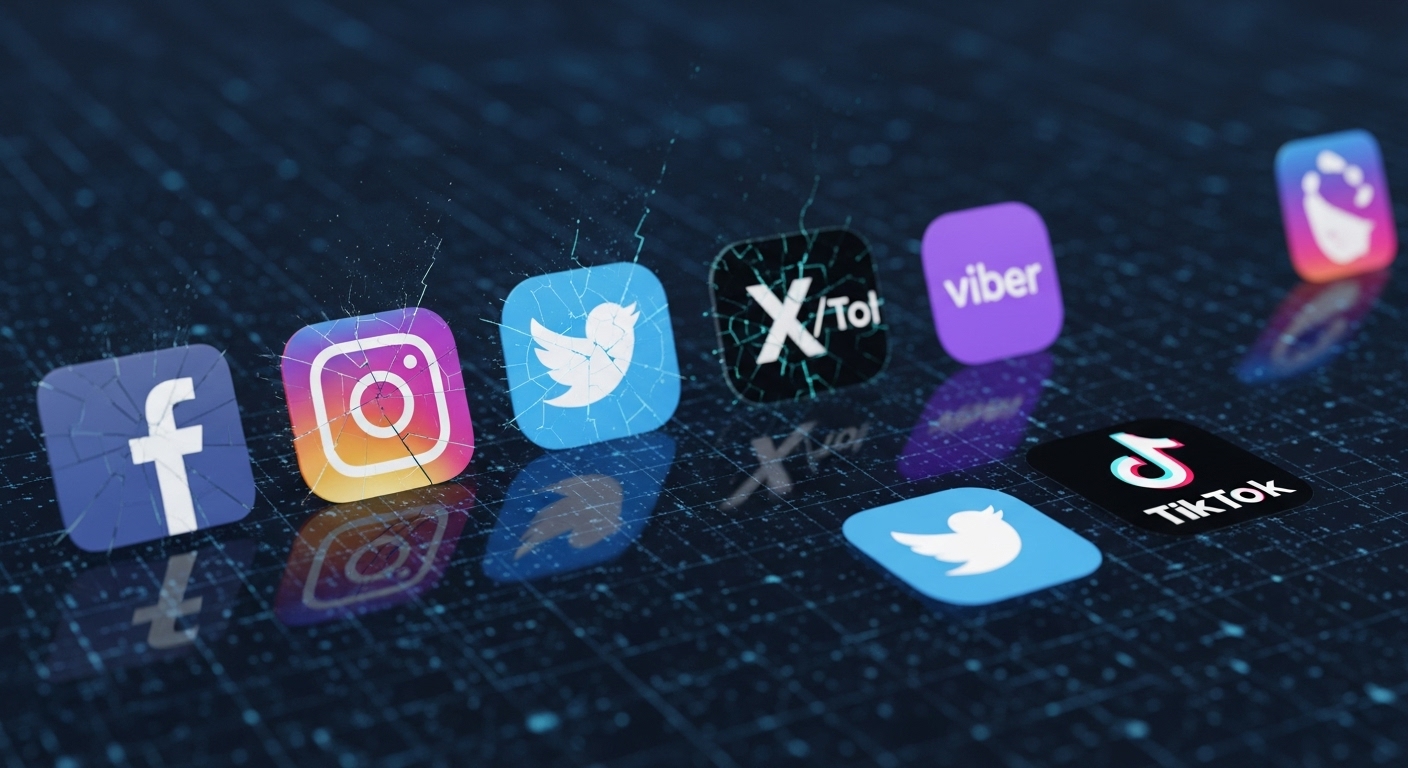A modern, dynamic digital landscape representing Nepal's recent social media ban and the pivot to new platforms. Show iconic, globally recognized social media logos (like Facebook, Instagram, X/Twitter) fading, cracked, or behind a digital barrier, while new compliant platforms (Viber, TikTok) are bright, prominent, and actively connecting diverse Nepalese users. The visual should convey a sense of adaptation, opportunity, and new digital pathways opening up within a Nepalese context.