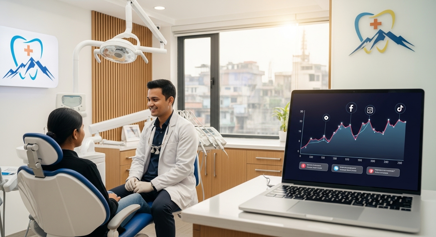 A modern dental clinic in Nepal, with a dentist and patient, subtly integrating digital marketing elements like a laptop displaying analytics or social media icons, showing growth and connection. Bright, hopeful atmosphere.