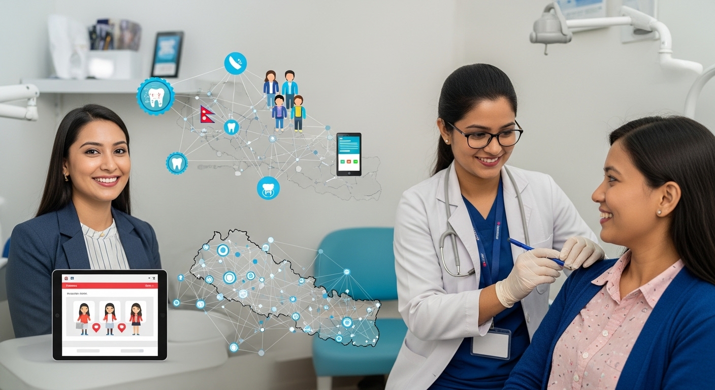 A vibrant, modern scene in a Nepali dental clinic. A trusted Nepali dentist is interacting with a patient, while in the background, digital marketing elements are subtly visible (e.g., a tablet showing social media engagement, a graphic illustrating online patient outreach, a network of digital connections over a map of Nepal). The atmosphere should convey trust, accessibility, and the power of digital tools to bridge gaps in dental care awareness and access. Bright, hopeful, and forward-looking.