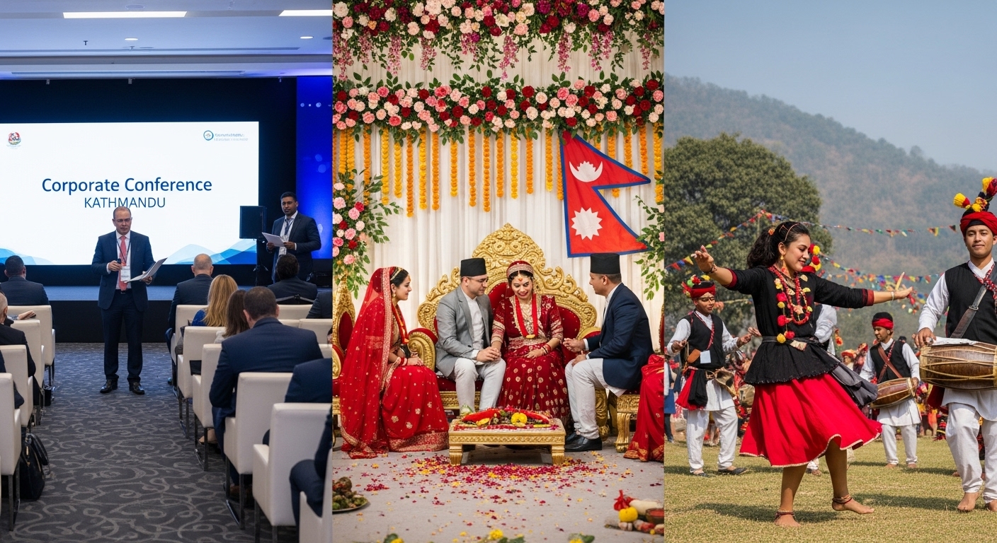 A vibrant and professional collage or triptych reflecting Nepal's diverse event landscape. One section features a modern corporate conference in Kathmandu with business professionals. Another section shows a beautifully decorated traditional Nepali wedding ceremony with guests in festive attire. The third section illustrates a lively cultural festival with traditional music and dance. The overall image should convey professionalism, cultural richness, and joyous celebration.