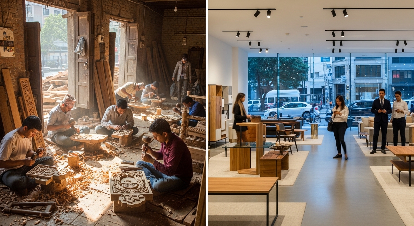 A bustling Nepali furniture workshop with traditional craftsmen working on wooden pieces, juxtaposed with a modern, sleek furniture showroom in an urban setting, representing the industry's transformation and the tension between local craftsmanship and modern consumer expectations.