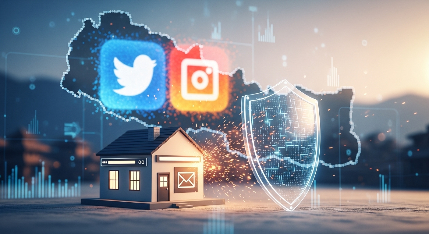 A visual metaphor for digital resilience and 'owned assets' in the face of platform uncertainty. Perhaps a sturdy, custom-built digital home (like a website or email list icon) being protected by a robust shield, while a fading, flickering social media logo hovers in the background, set against a backdrop of Nepal's digital landscape.