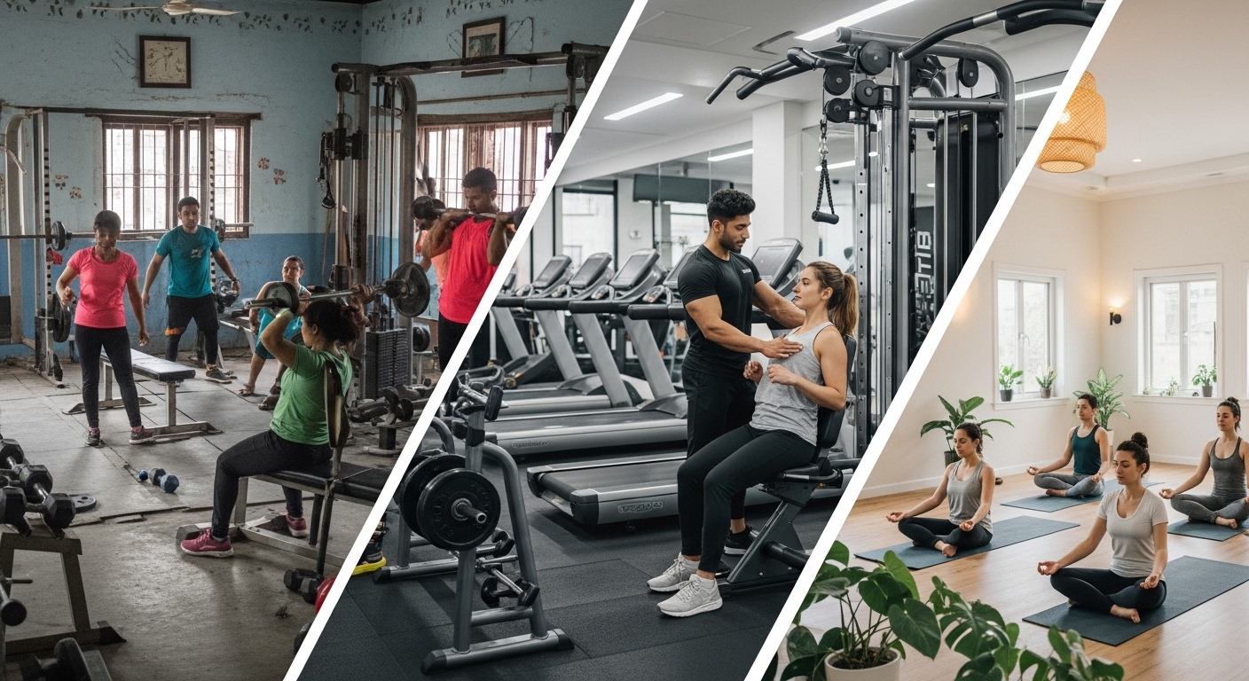 Digital Marketing for Nepal Gyms: Boost Your Fitness Business 1 A diverse scene depicting the Nepali fitness market: a local, unorganized gym with basic equipment and a few people working out, a modern premium fitness studio with advanced machines and a certified trainer helping a client, and a serene holistic wellness center with yoga or meditation in progress. All elements should subtly suggest a Nepali urban context, showcasing the variety of fitness establishments.