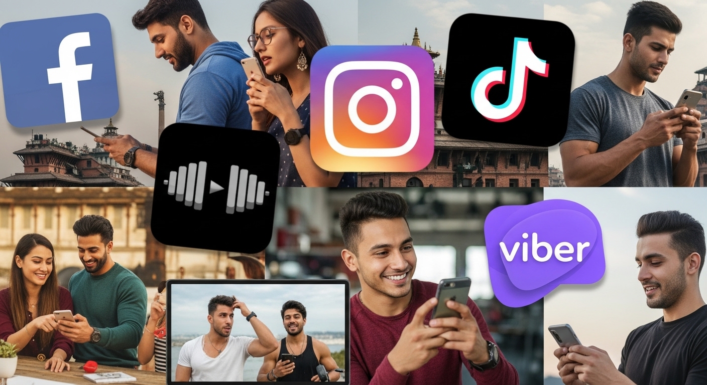 Digital Marketing for Nepal Gyms: Boost Your Fitness Business 2 A vibrant collage or montage representing popular digital platforms in Nepal, such as Facebook, Instagram, TikTok, YouTube, and Viber, stylized as app icons or logos. Include diverse people (Nepali demographics) interacting with these platforms on smartphones and computers, possibly showing workout videos, fitness challenges, or community engagement, with a subtle hint of Nepali urban background or landmarks. The focus should be on digital connectivity and fitness content consumption.