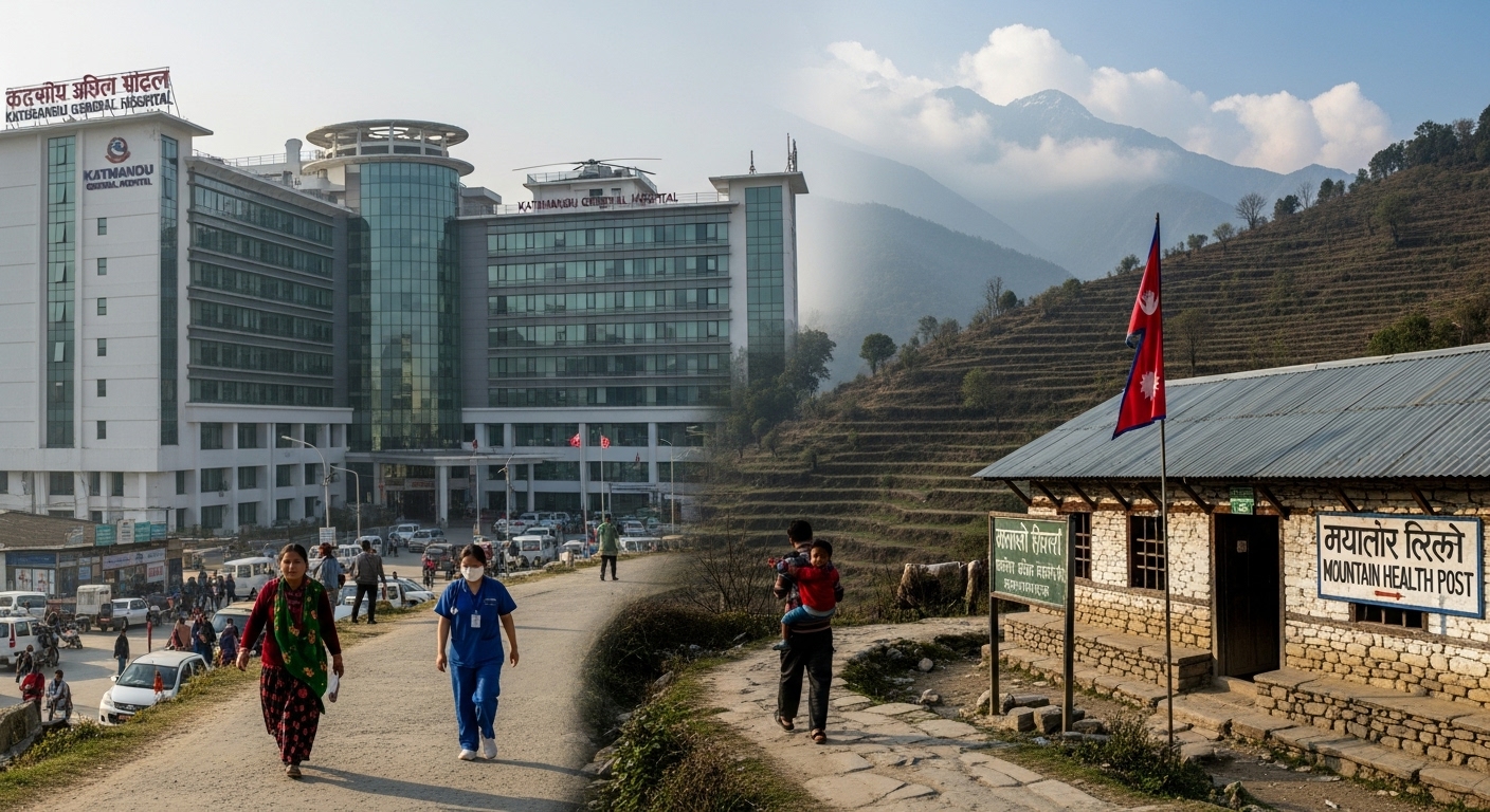 Digital Marketing Strategy for Nepal Healthcare & Hospitals 1 A panoramic view of the diverse Nepali healthcare landscape, showing both a modern hospital building in an urban area and a smaller, more traditional health post in a mountainous rural setting, with people (patients and healthcare workers) subtly navigating between these environments. The overall tone should convey complexity and a blend of old and new.