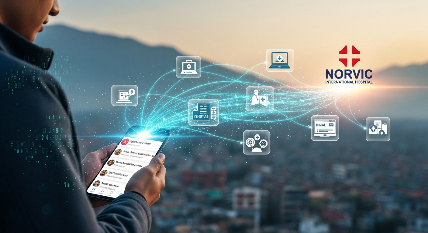 Digital Marketing Strategy for Nepal Healthcare & Hospitals 2 A visual representation of the 'digital patient journey' in Nepal. A person (symbolizing a patient) is holding a smartphone with health-related search results, while subtle digital lines or pathways connect them to various online healthcare resources and finally to a trusted hospital logo, emphasizing the role of digital trust and accessibility.