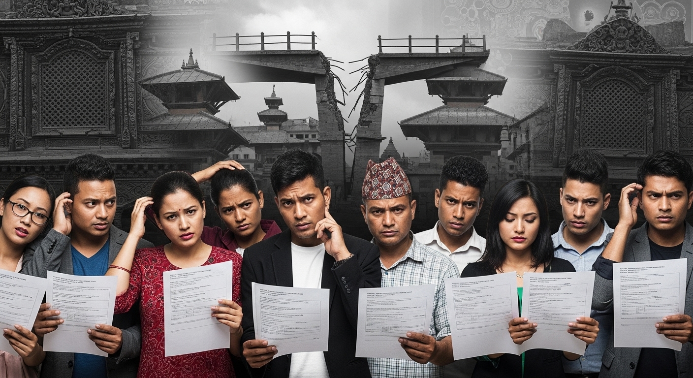 An image symbolizing the challenges in the Nepalese insurance market: people looking confused or skeptical about insurance policies and traditional paperwork, with a subtle visual representation of a 'trust deficit' like a broken bridge. Incorporate elements of traditional Nepali architecture or cultural motifs in the background, suggesting a blend of old and new challenges. The mood should be slightly somber, reflecting the problems.