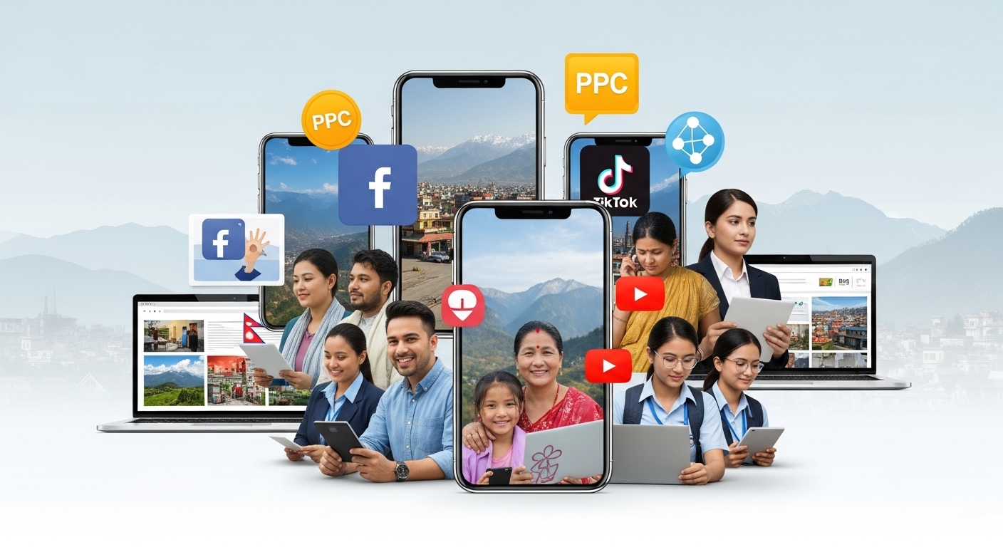 A dynamic visual representation of a comprehensive digital marketing strategy targeting a diverse Nepali audience. The image should feature multiple digital channels such as mobile phones displaying social media (Facebook, TikTok, YouTube icons), a laptop showing a blog/website, and advertising symbols (PPC). These elements should organically connect to a group of Nepali individuals representing different demographics (urban professional, family-focused woman, young student) engaging with the digital content. The background should subtly hint at Nepal's varied landscape (mountains, cityscapes) to reinforce the local context. The overall mood should be optimistic and forward-thinking, emphasizing growth and connection.