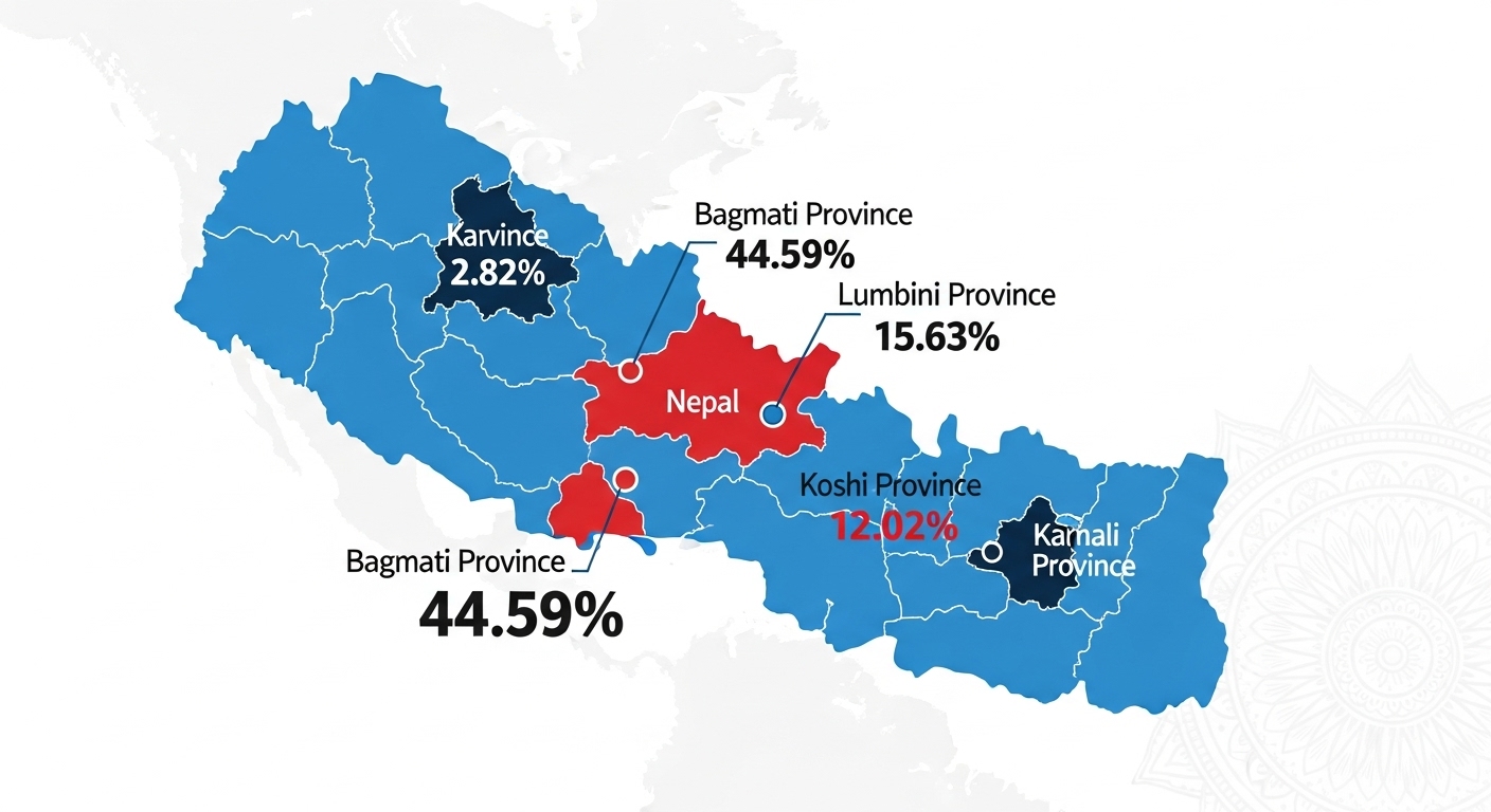 An infographic illustrating the geographical concentration of life insurance premiums in Nepal. The map of Nepal should clearly show Bagmati Province highlighted as the highest contributor (44.59%), with Lumbini (15.63%) and Koshi (12.02%) provinces also marked. A smaller, darker region for Karnali Province (2.82%) should be visible. Use a clean, professional, data visualization style with a modern design, incorporating Nepali cultural elements subtly.